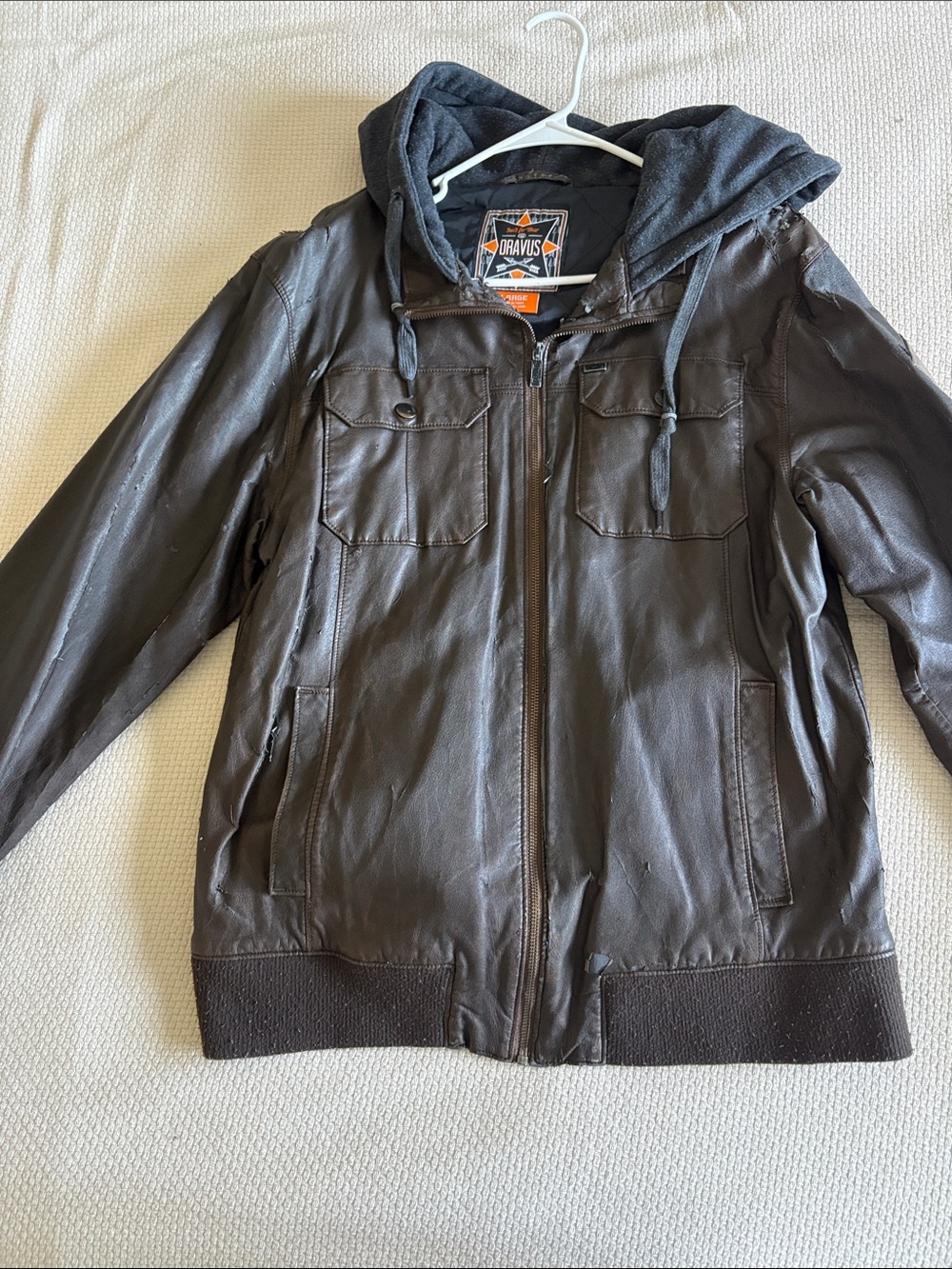 Brown Leather Bomber Jacket with Removable Hood - Dravus